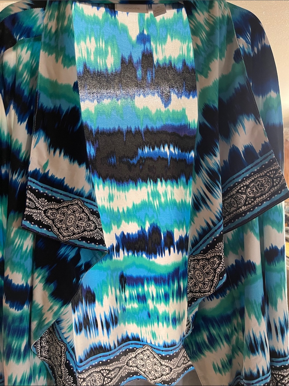 Chico's Blue Teal and Black Patterned Open Cardigan